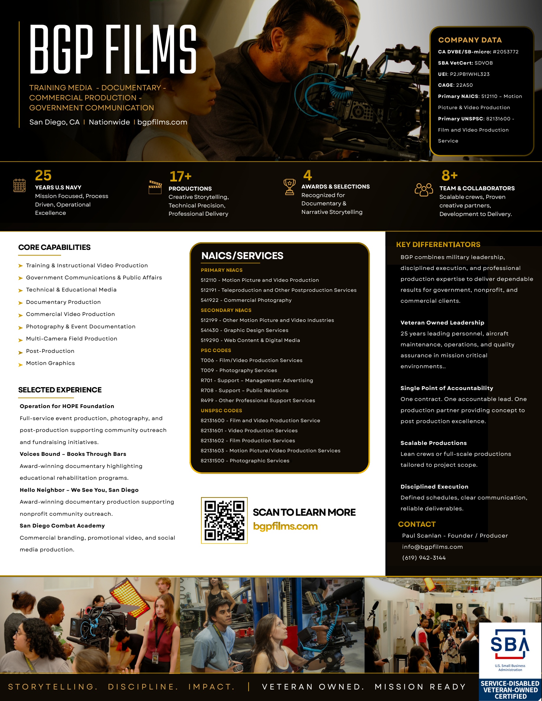 BGP Films capability statement: services, selected experience, company information, and contact details. Full document available through the PDF download above.